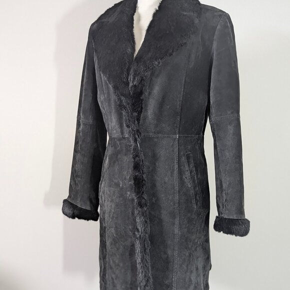 Utex  Black Suede Winter Coat with Rabbit Fur  Medium - Picture 2 of 7